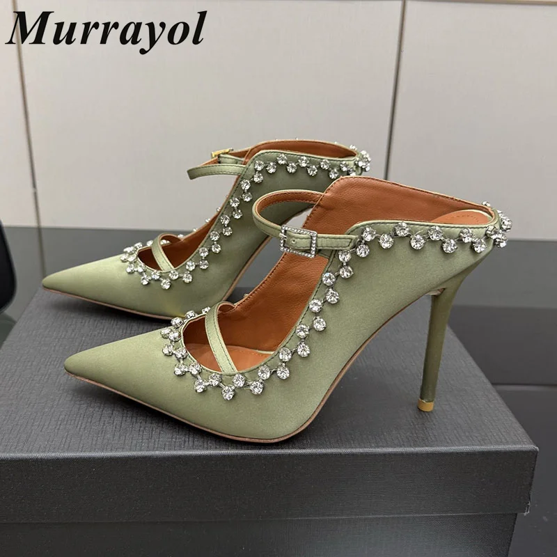 Slippers Women Pointed Toe Slippers Silk Satin Thin High Heels Spring Summer Sandals Ladies Party Banquet Shoes Lazy Stiletto