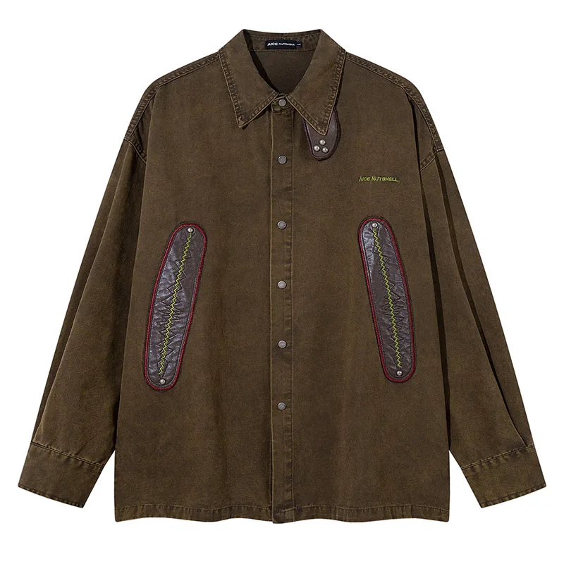 Oversized Harakuju Cargo Shirts Vintage Patchwork Loose Button Up Blouse For Male Hi Street