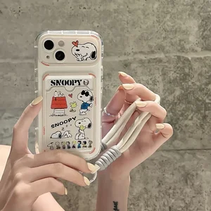 Casing Ponsel Saku Pemegang Kartu Peanut Snoopy Kartun Lucu untuk Casing iPhone 16 15 14 13 12 11 Pro Max Penutup TPU Lembut dengan Tali Pengikat 6 penjualan terbaik snoopy iphone - №