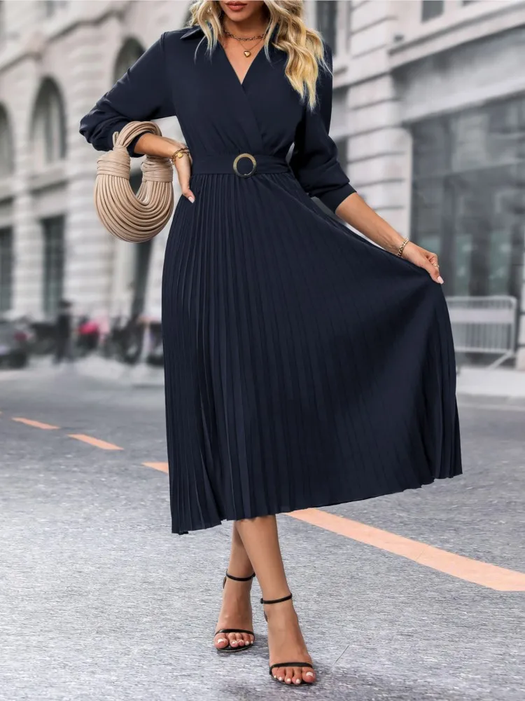 

Elegant Dress Dresses 2025 Woman Vestidos Temperament Commuting Gentle Long Sleeves V-link Solid Color Pleated Tighten The Waist