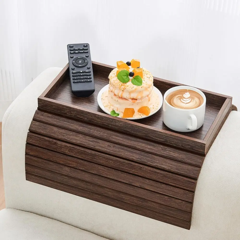 

Bamboo Sofa Arm Tray, Portable and Foldable Side Table for Drinks, Snacks, and Remote Control