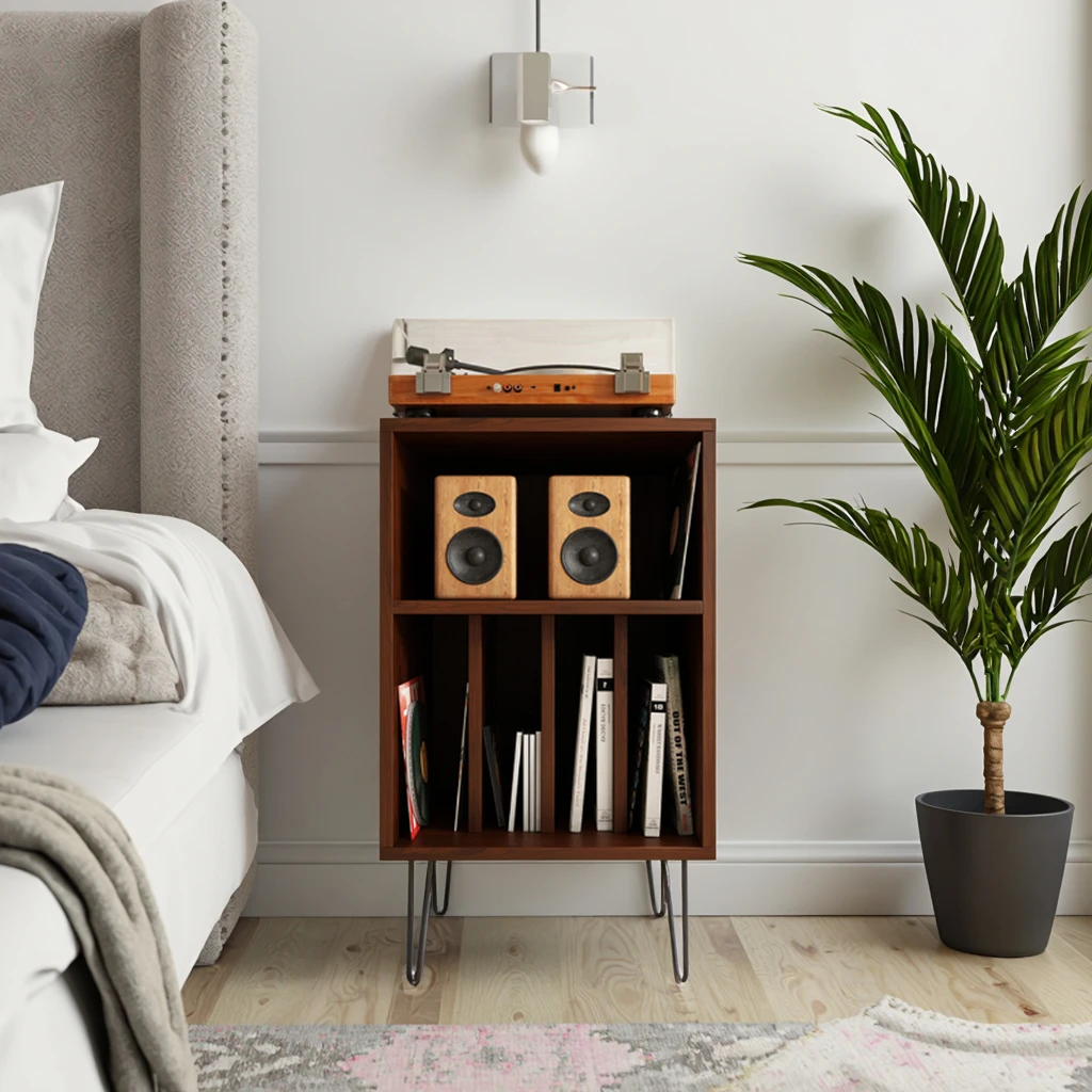 

Hooqu Modern Walnut-Colored Solid Wood Vinyl Record Player Cabinet Amplifier Speaker Storage Rack Nightstand For Sofa Side Corne