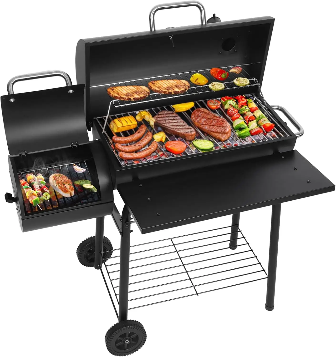 

Spacious Barrel Charcoal BBQ Grill with Offset Smoker for Outdoor Backyard Camping and Parties