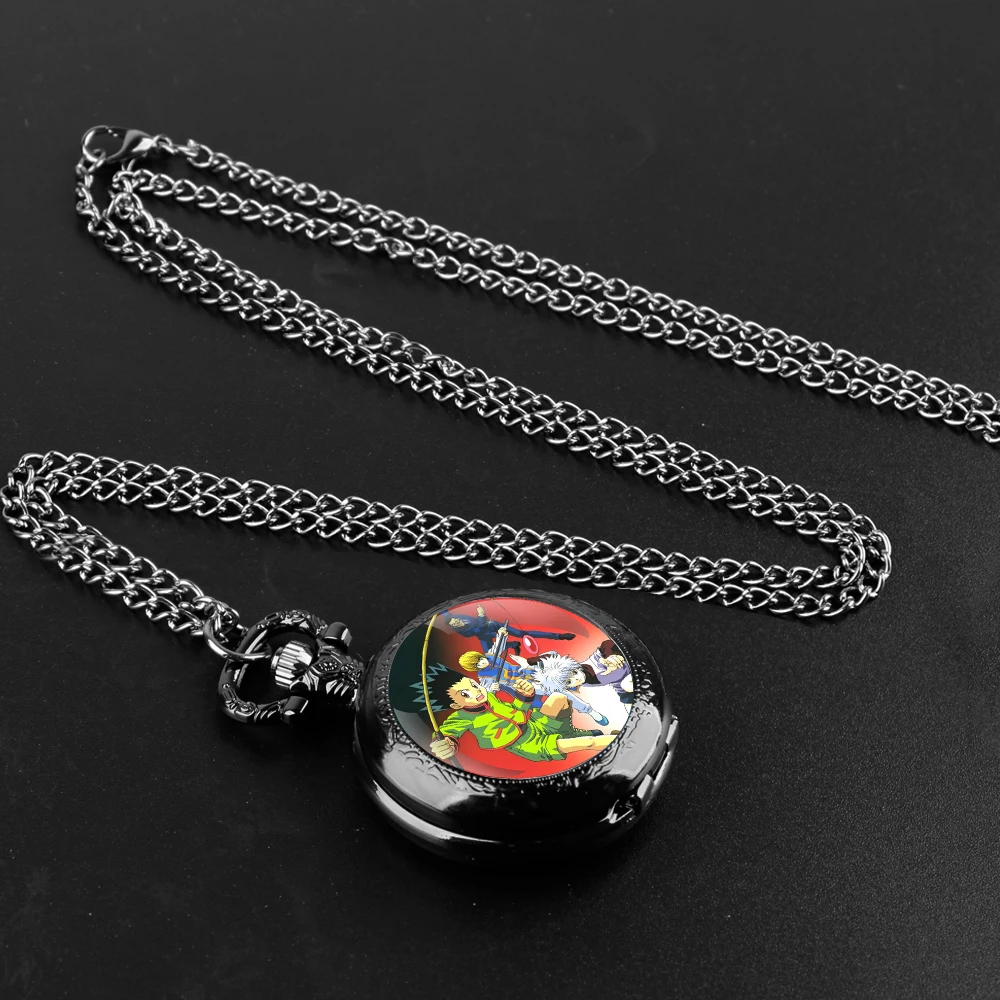 Hunter × Hunter Glass Dome Black Quartz Pocket Watch with Arabic Numerals Dial and Durable Chain Retro Gift for Men Women