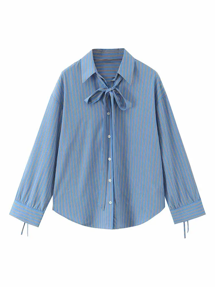 

HH New Woman Early Spring Fashion Long Sleeves Elegant Bow Decoration Stripes Loose Shirt Female Commuting Versatile Tops