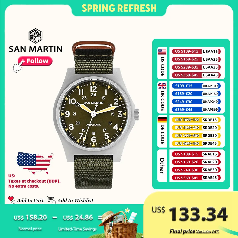 

San Martin 38mm NH35 Retro Military Pilot Watch Bead Blasted Case Automatic Mechanical Watches for Men 10Bar Waterproof Luminous