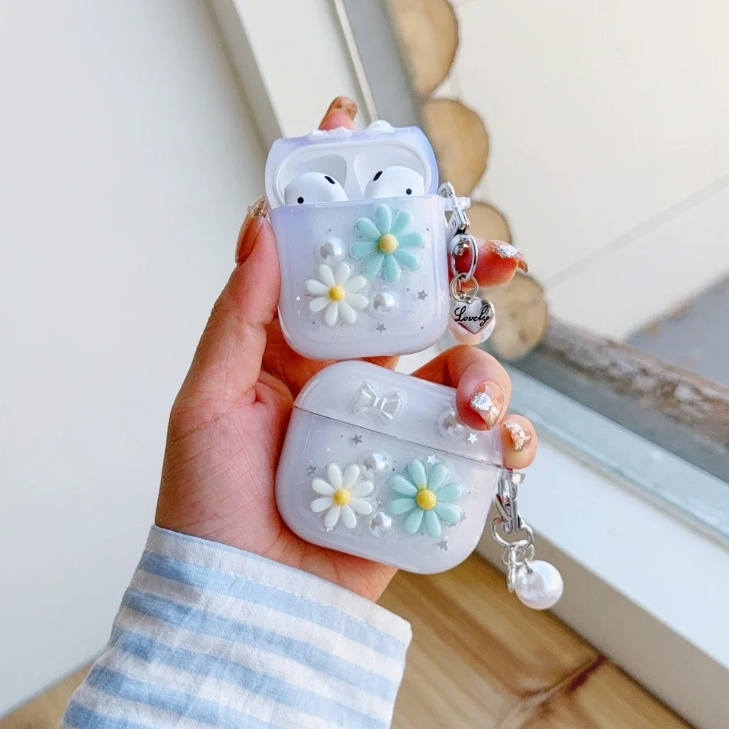 Stereoscopic Daisy Flower Pearl Bowknot Glitter Drip Glue Pendant Case Cover for AirPods 1 or 2 3 4 AirPods Pro Pro 2