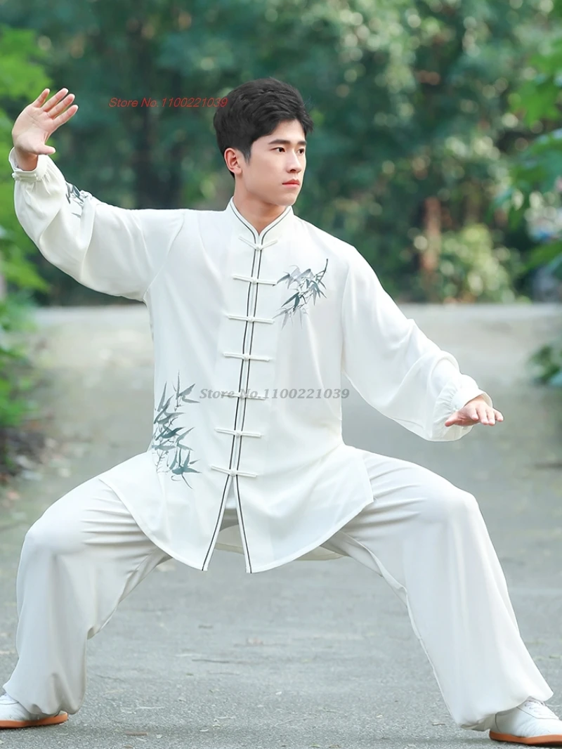 2025 китайский кунг-фу тай-чи, одежда для боевых искусств, традиционный бамбуковый принт, тайцзицюань, тренировочные тренировки, спортивные упражнения на открытом воздухе