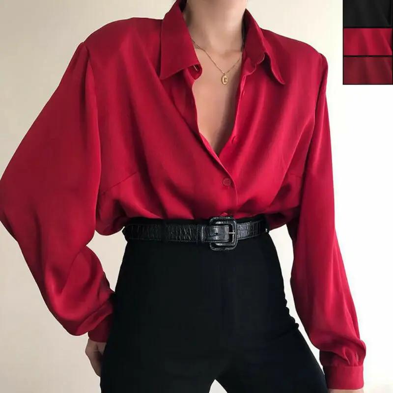 

Women Button Blouses Turn Down Collar Shirts Office Lady Long Sleeve Casual Blouse Loose OL Shirt Baggy Tops Red/Wine Red /Black