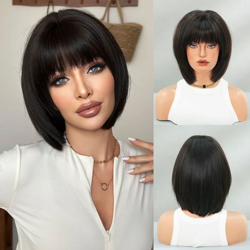 Black short hair  with full head cover and pompadour hairstyle