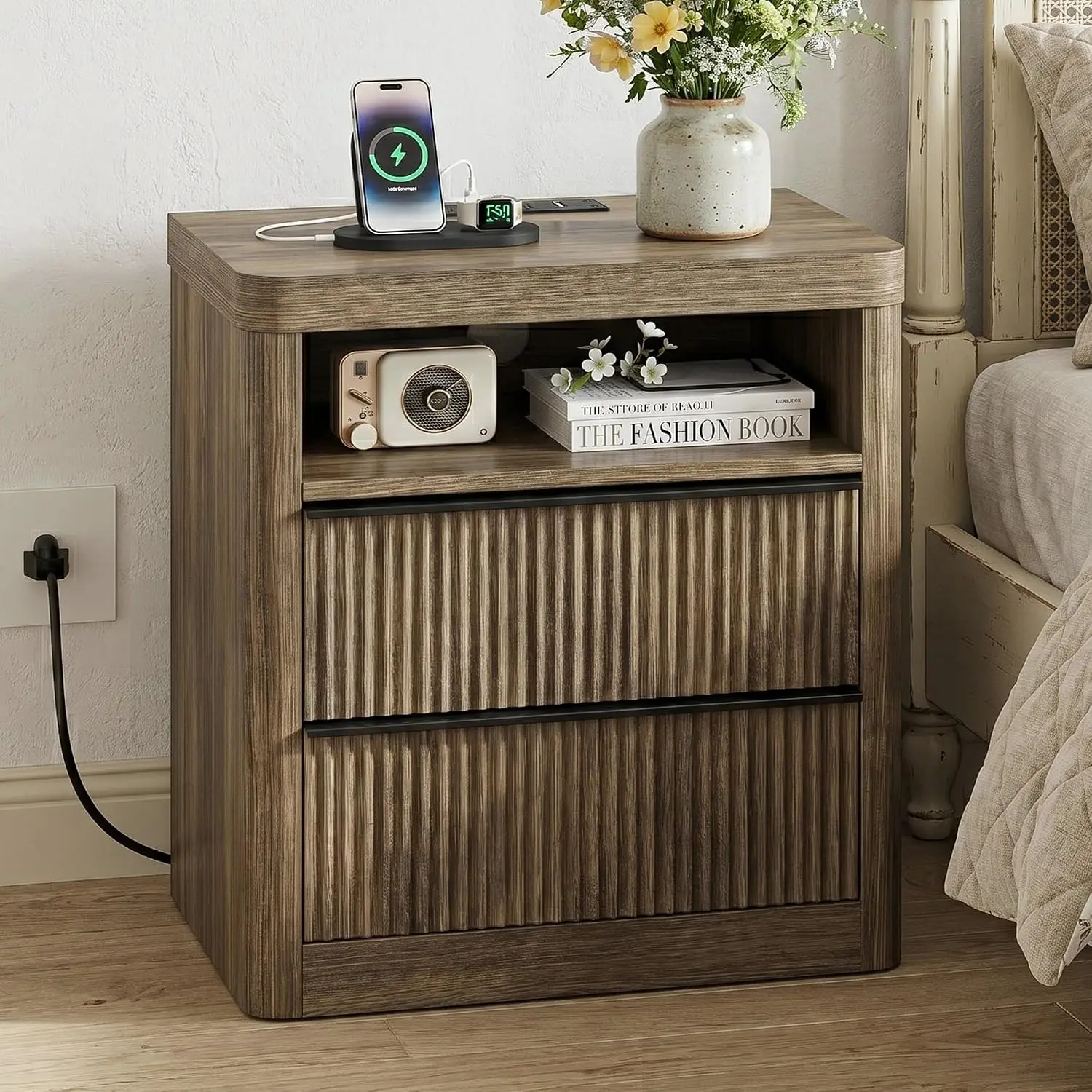 Gray Nightstand with Charging & USB Ports LED Drawer Storage Mid-century Bedroom Living Room Side Table, Customized