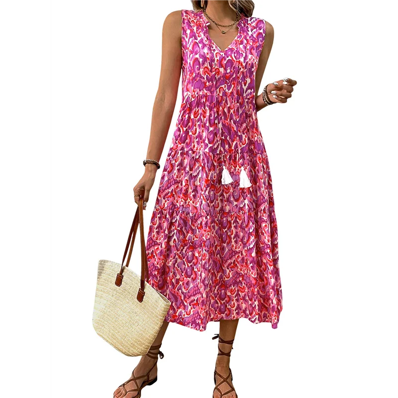 ASDS-Women's Maxi Dress Summer Sleeveless Bohemian Floral V Neck Tie Front Fringe Flowy Long Dress Vacation Beach Sundress