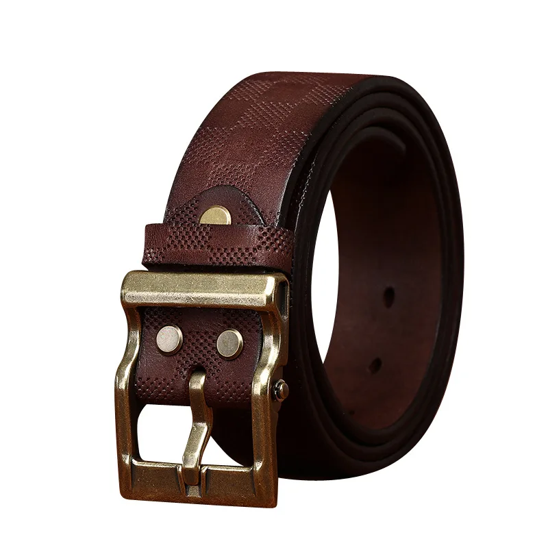 厚みのあるヴィンテージトップレイヤー牛革チェック柄エンボスベルトメンズレザーピンバックルトレンド多用途カジュアルジーンズウエストバンド