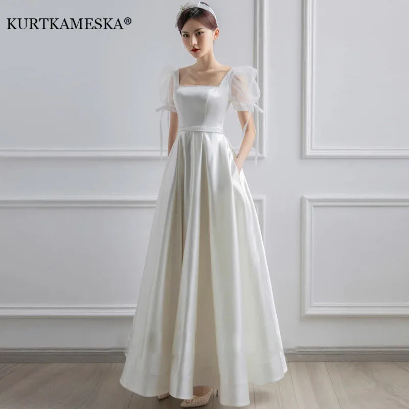 White Satin Wedding Dresses for Bride Formal Elegant Puff Sleeve Evening Guest Long Party Summer Dress Women Formal vestidos