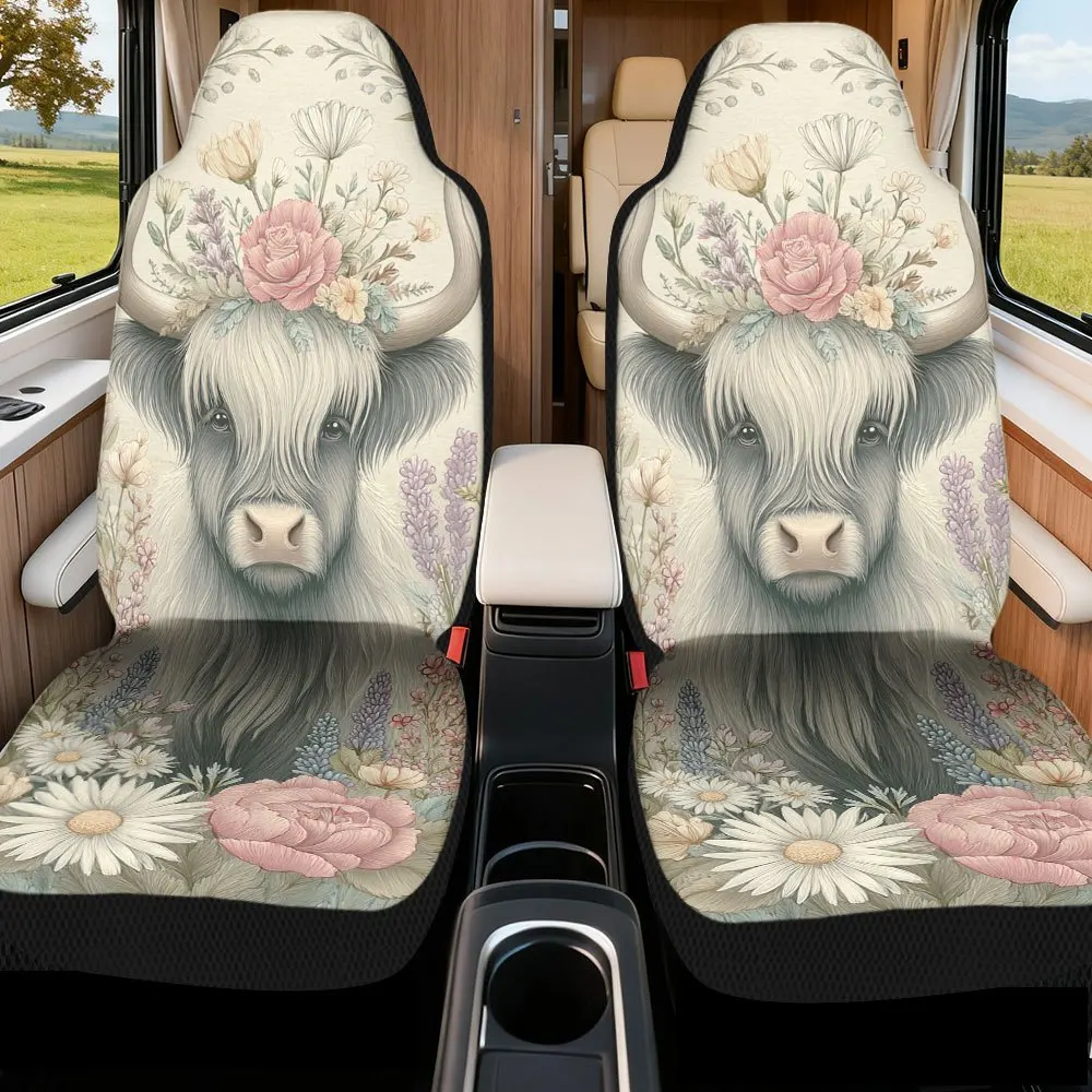 2pcs, Floral Highland Cow Fantasy Pattern Car Seat Covers, Compatible With Most Sedan And SUV Front Seats, Stylish Upgrade For F