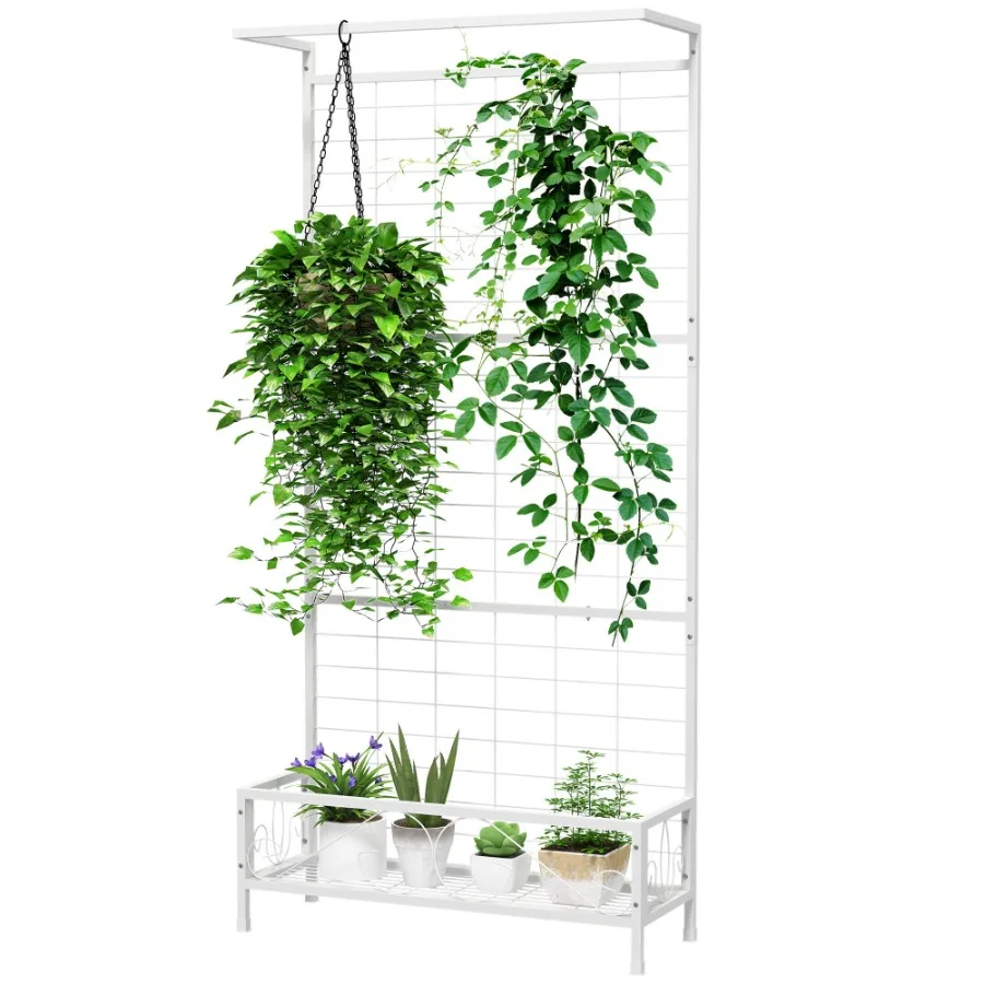

Indoor outdoor metal tall plant stand with trellis and hanging bar, white, 36 x 12.8 x 74, rust-resistant finish