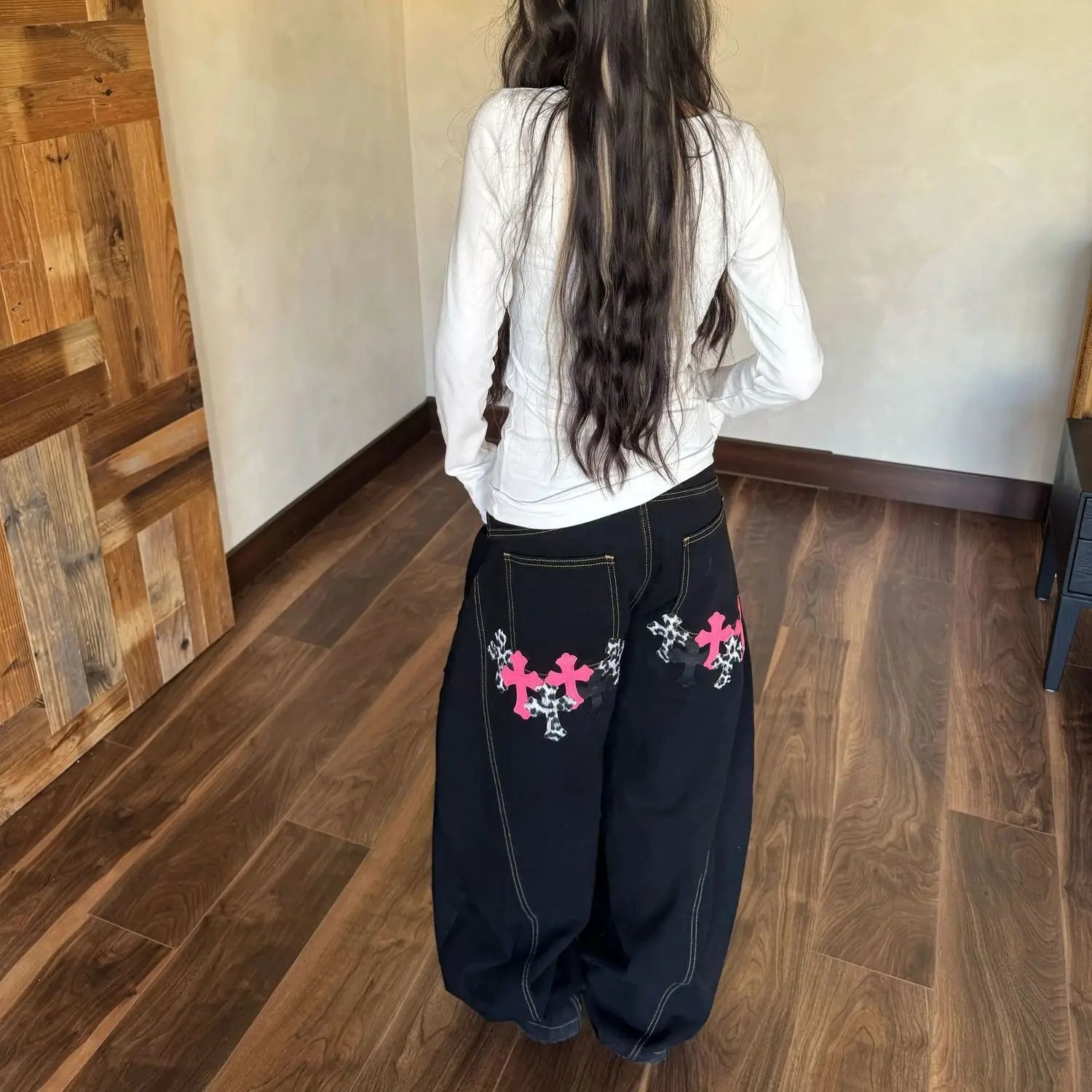 Women's Retro Wide Leg Karate Jeans Cross Embroidery Multi Pocket Pants Gothic Y2K Streetwear Loose Fit Denim Trousers