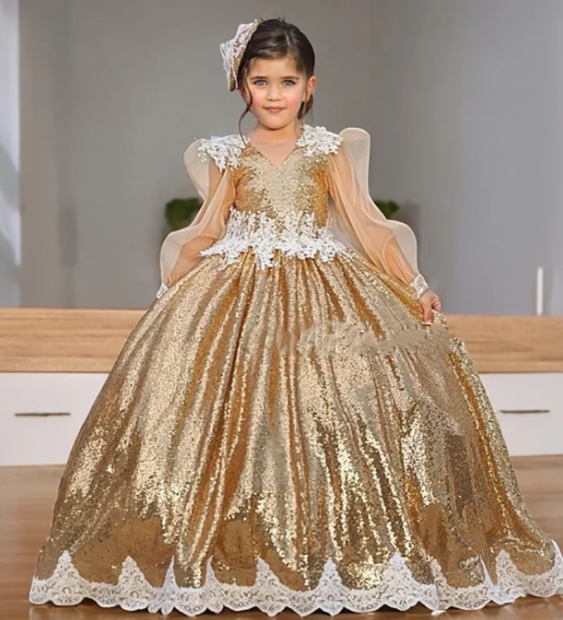 Gold Sequined Flower Girl Dress Long Sleeve V Neck White Appliques Open Back Girls Birthday Dress Party Prom Gowns