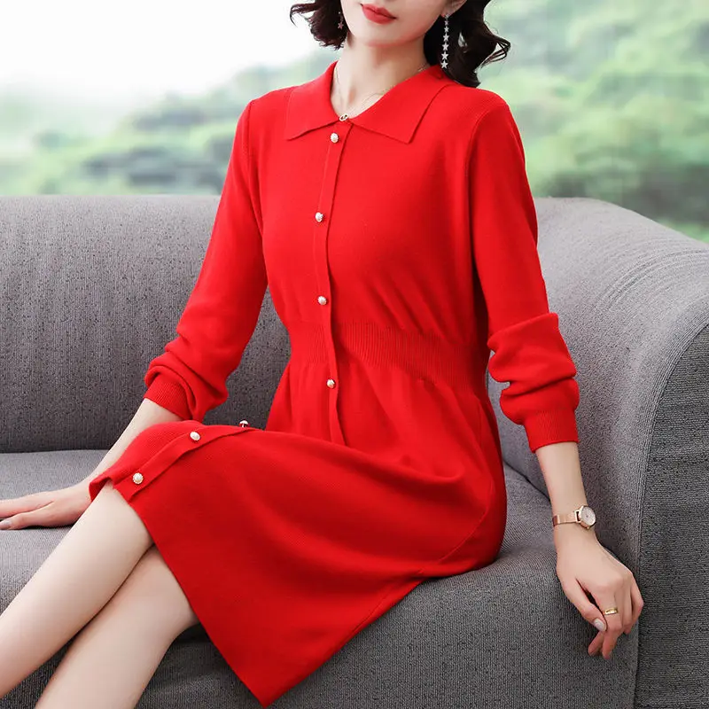 Autumn Women's Fashion New Korean Solid Color POLO Neck Long Sleeved Knitted Dress Spring Multi Color Loose Comfortable Dress