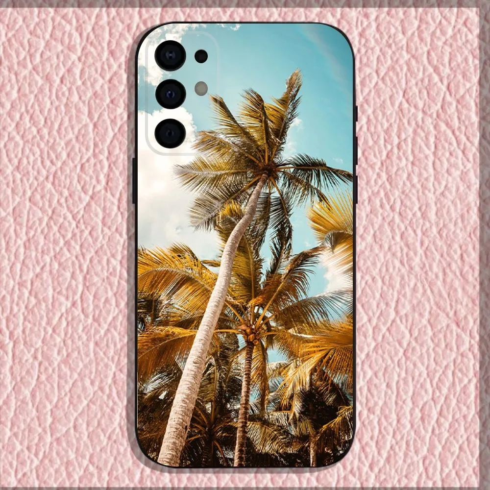 Casing Ponsel Pohon Kelapa untuk Samsung S25,S24,S21,S22,S23,S30,Ultra,S20,Plus,Fe,Lite,Note,10,9,5G Sampul Hitam