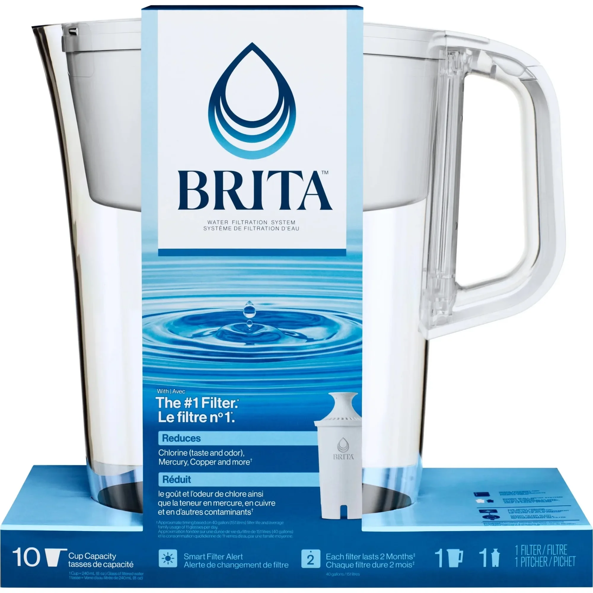 

White 10-Cup Filter Pitcher BPA-Free, Includes Standard Filter for Reduced Impurities, Improves Taste of Tap Water