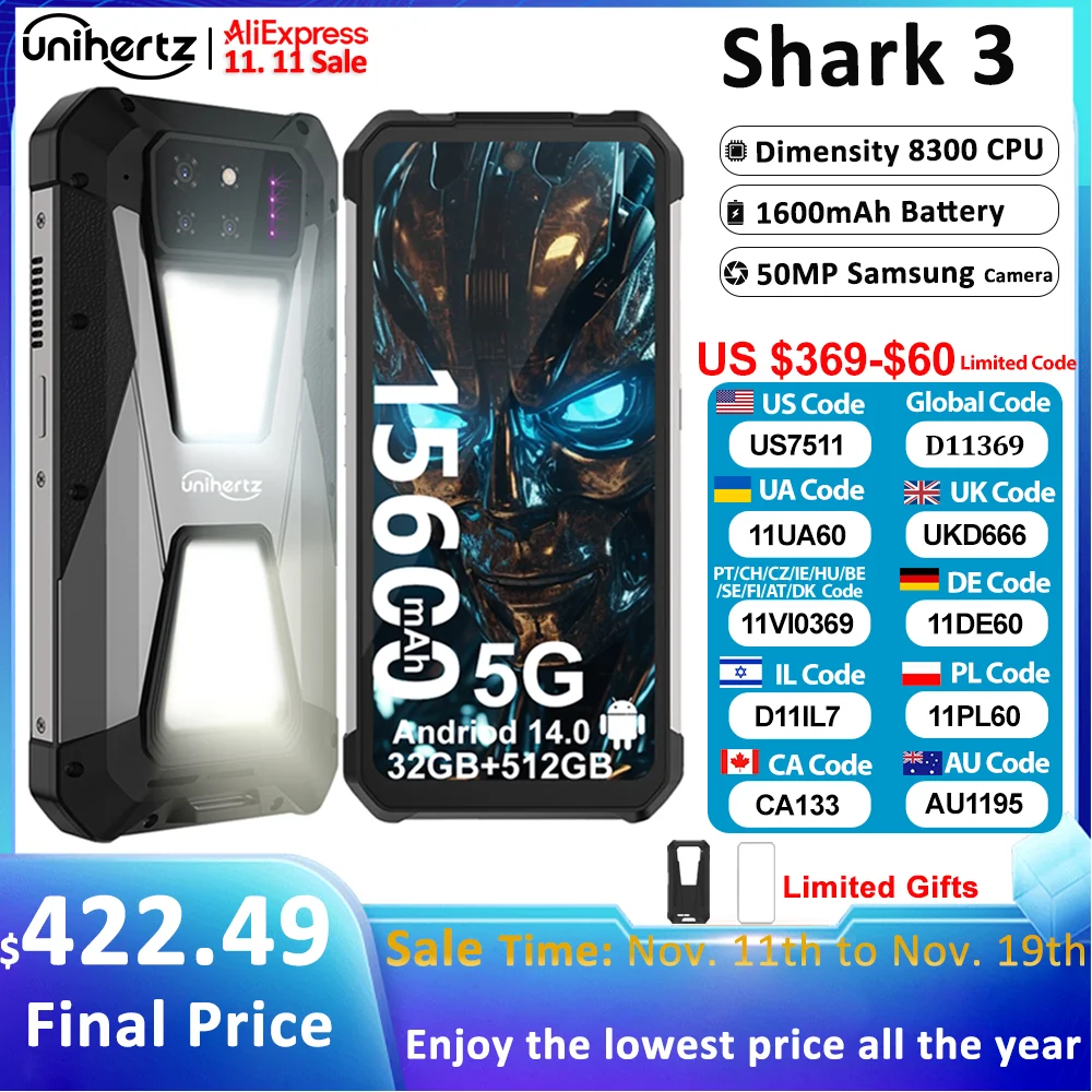 Unihertz  SHARK 3 by 8849 Smartphone Android 14 32GB 512GB Dimensity 8300 3K AMOLED Screen 11600mAh Night Camera 5G Rugged Phone