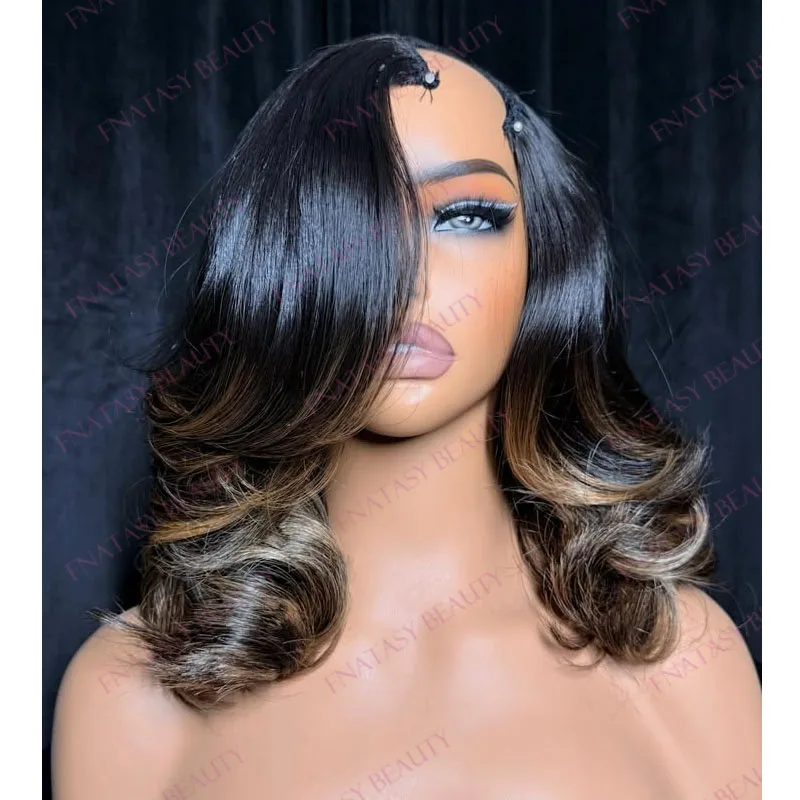 

Black Women Ombre Honey Blonde Human Hair V Part Wig 1"x4" Size U Part Wigs Body Wave Brown Blonde Balayage Remy Indian Hair