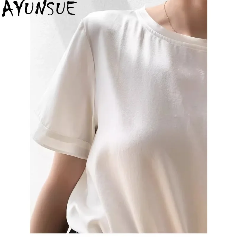 

AYUNSUE 92% Silk Women T Shirts Classic Short Sleeve Summer Tops for Woman Solid Color T Shirt High Quality Woman Clothes 티셔츠