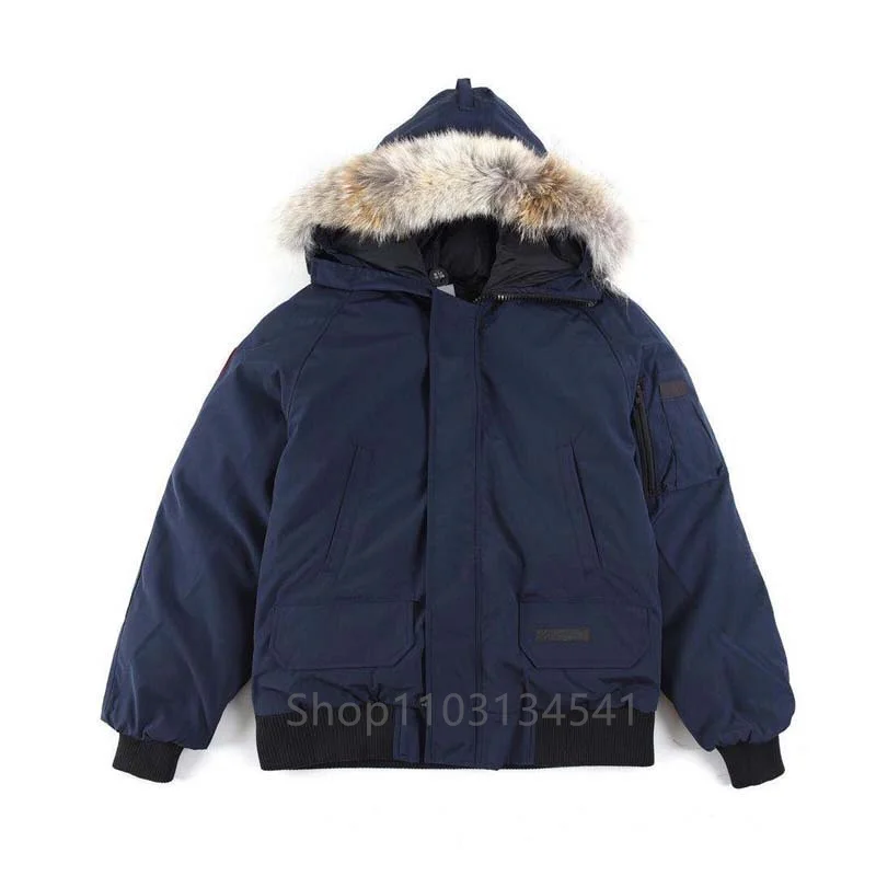 Winter Mens Canadian CG Chilliwacks Parka Goose Down Jacket Warm Outerwear Coat Windproof Hood Real Coyote Fur Short