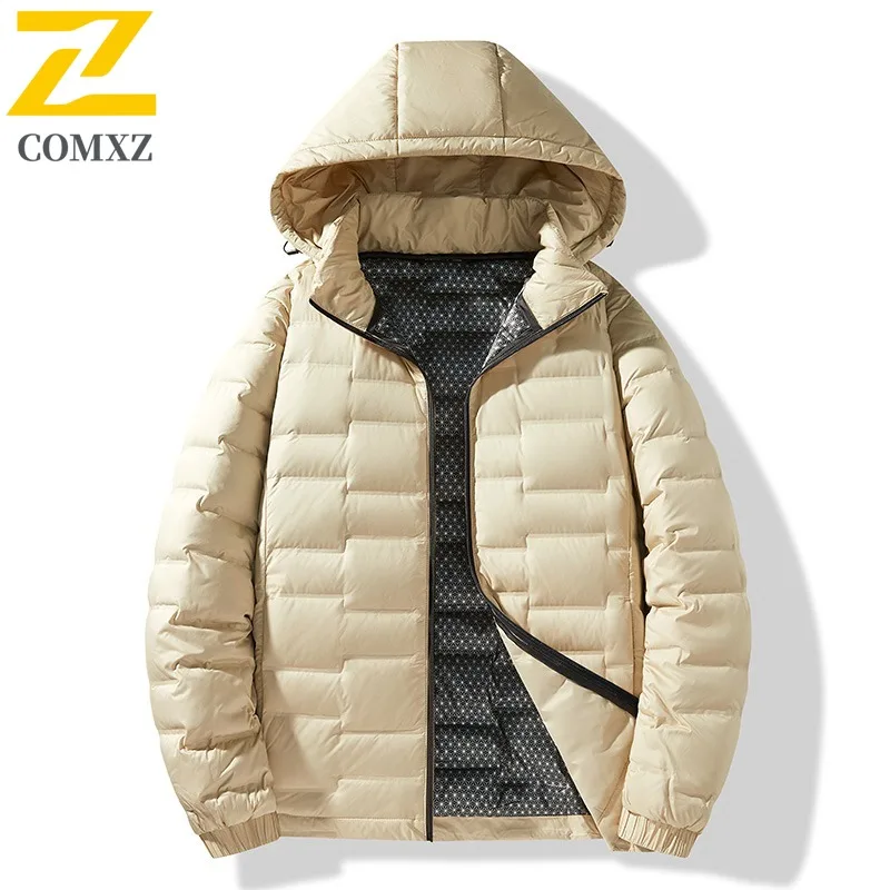 COMXZ Men Travel Down Jacket High End Outdoor Design Thickened Warmth Parka Premium Hooded Ultra Light Winter Padded Jacket