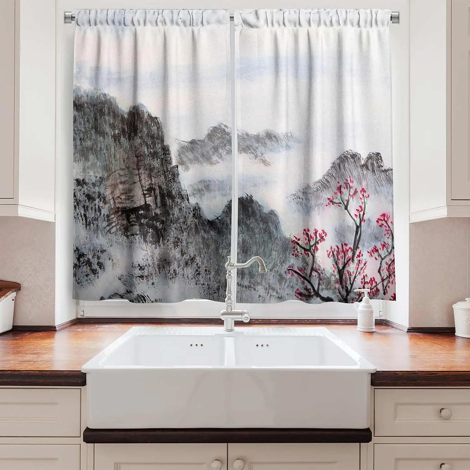 Asian Kitchen Curtains, Traditional Chinese Painting Landscape Sakura Cherry Tree Cloudy Mountains, Window Drapes 2 Panel Set
