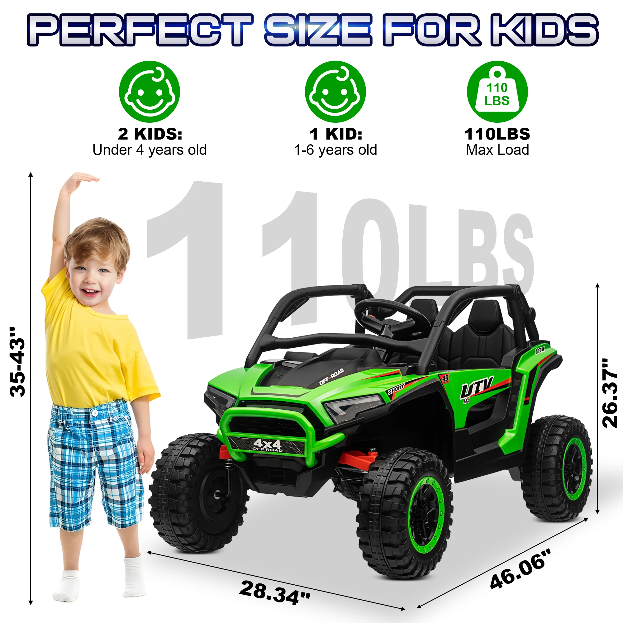 24V Ride on Car, 2 Seater XL 4X4 Off-Road UTV w/RMP2000W Powerful Motors, Remote Control, Bluetooth Music, LED Lights