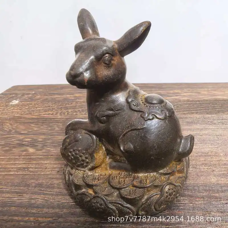 Brass craft with aged patina, lotus and zodiac rabbit design, home decoration ornament