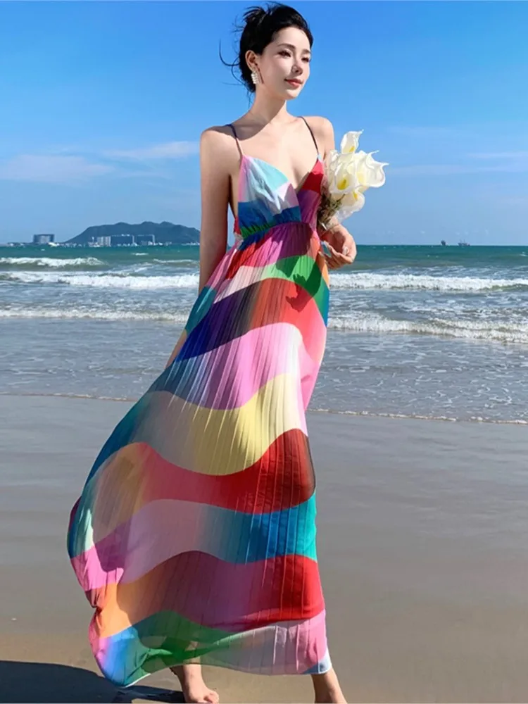 Elegant Summer Rainbow Wave Stripe Slip Women Dress V-Neck Backless Beach Style Holiday Long Dress Pleated Bandage Lady Clothing