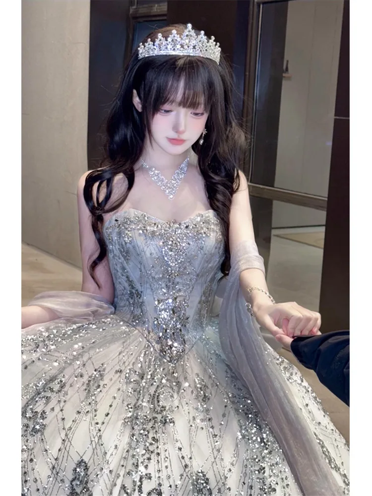 Lief meisje mouwloze lange balavondjurk met hoge taille High Sense verjaardag Bright Host Party Tube Top prinses maxi-jurken