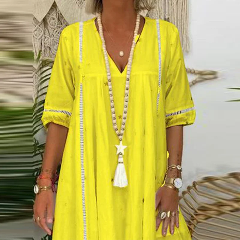 Abito lungo bohémien allentato con scollo a V femminile Abito da festa maxi con stampa floreale elegante primaverile Abiti estivi ricamati da donna