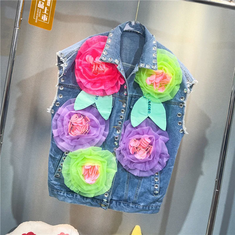 

Spring Summer Women Blue Short Denim Vest Casual Loose Diamond Sequins Mesh Flowers Frayed Burrs Sleeveless Waistcoat Streetwear