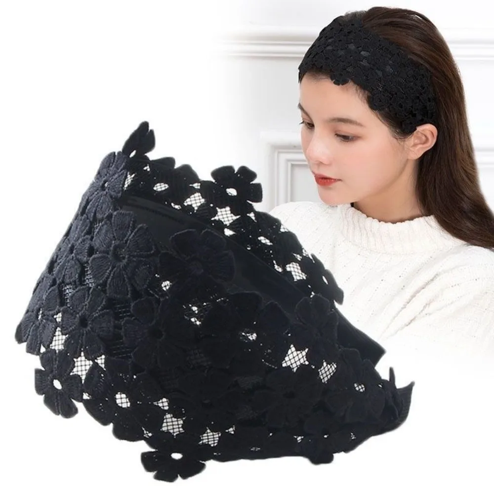 Elegant Embroidery Flower Lace Headband Wide Edge Handmade Hair Hoop Anti-Slip Hair Band Hair Accessories
