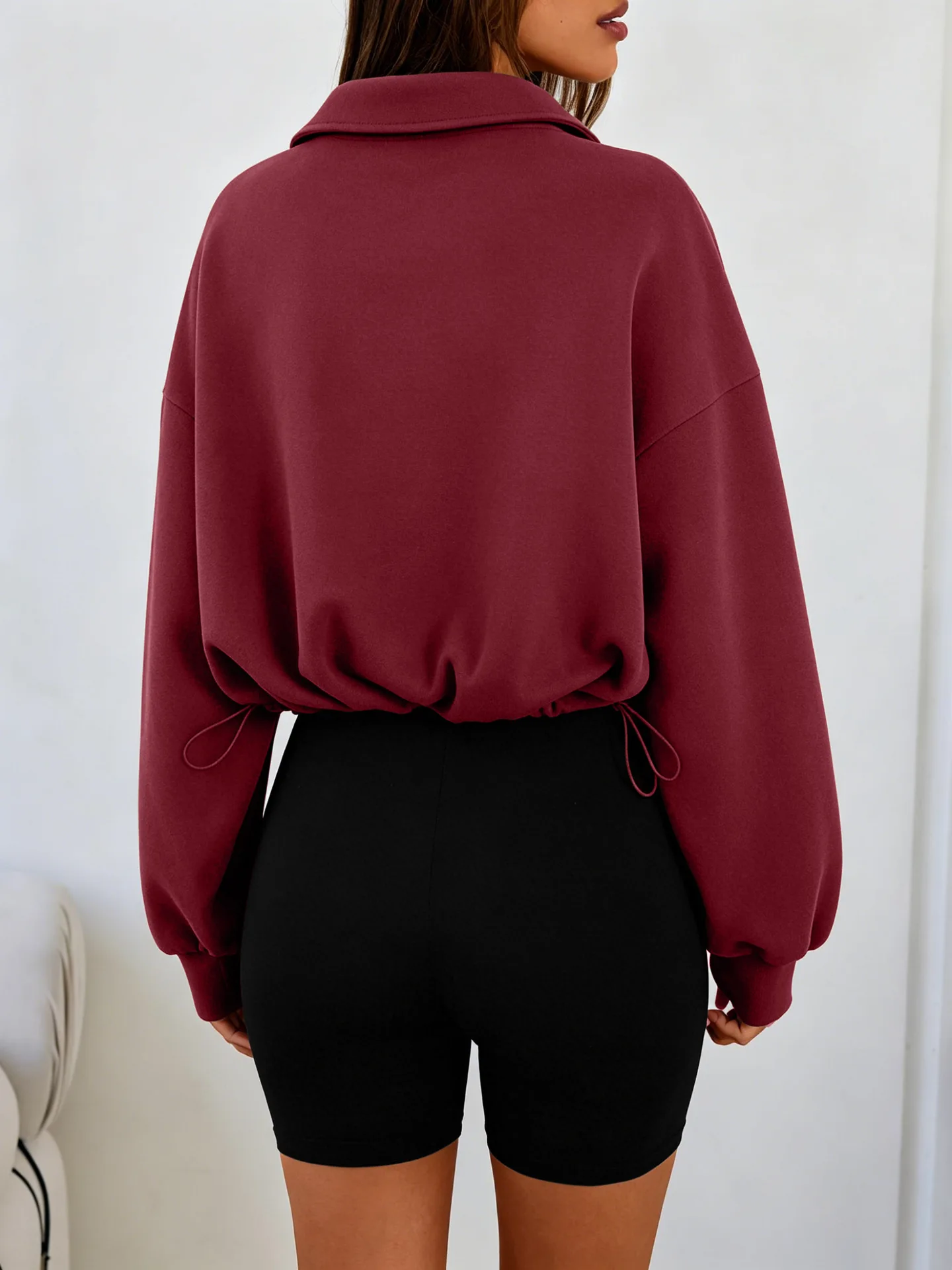 Women Half Zip Sweatshirt Cropped Pullover Oversized Long Sleeve Drawstring Hem Hoodie Y2K Athletic Sportswear