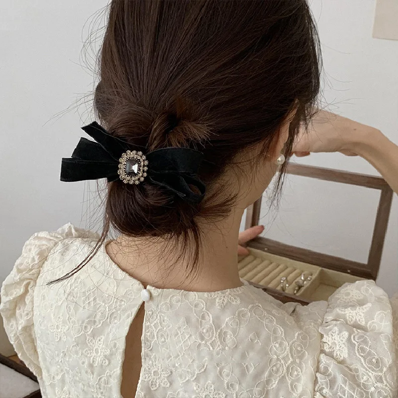 Korean version of retro rhinestone velvet bow hairpin hair rope high-quality tie hair rubber band high ponytail hair accessories