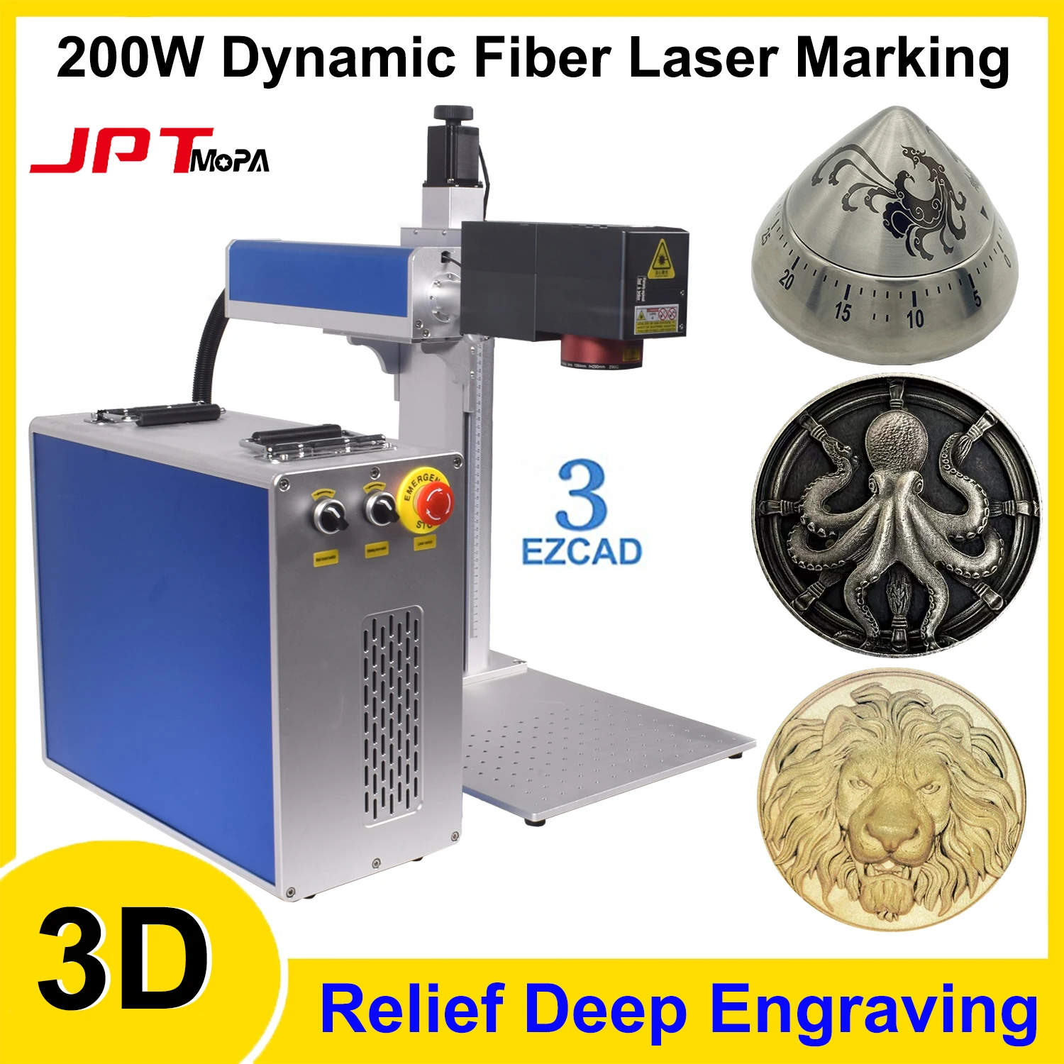 3D Relief Deep Engraving Machine 200W JPT Mopa Fiber Laser Marking Cutting Machine 3 Axis Laser Engraver for All Metal Jewelry