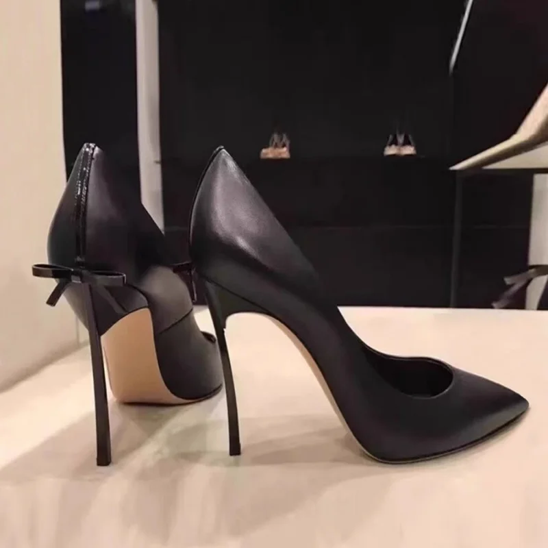 Spring and summer new pointed shallow patent leather satin bow shoes metal thin high-heeled banquet dress small size women shoes