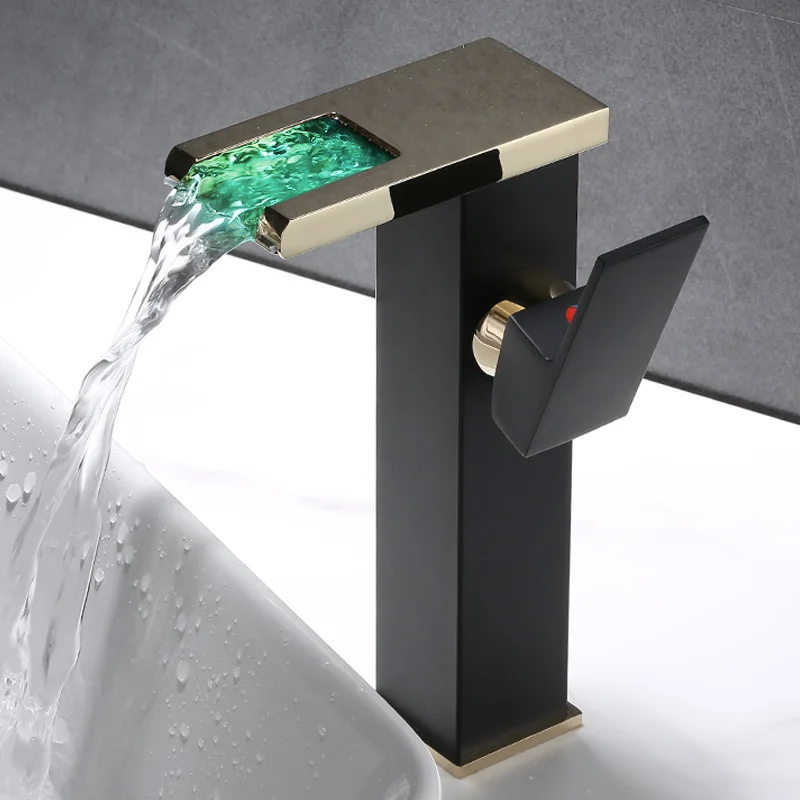Bathroom Basin Faucet Black Gold Brass LED Sink Mixer Tap Hot and Cold Unique Design Basin Lavtory Faucet Brass