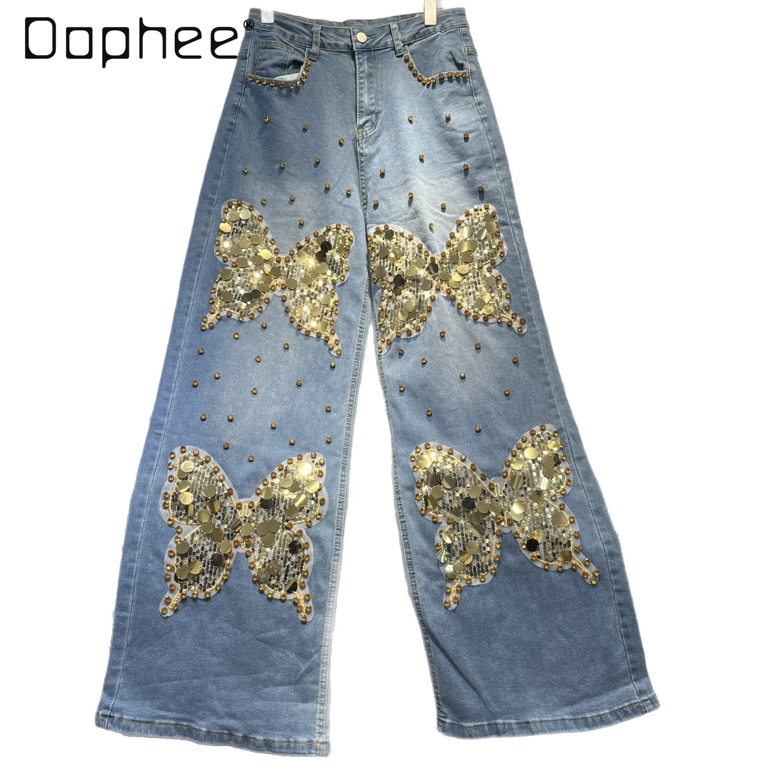 

Heavy Industry Sequin Design Sense Butterfly Diamond Straight Denim Trousers Women's Summer Loose Embroidery Baggy Jeans Women
