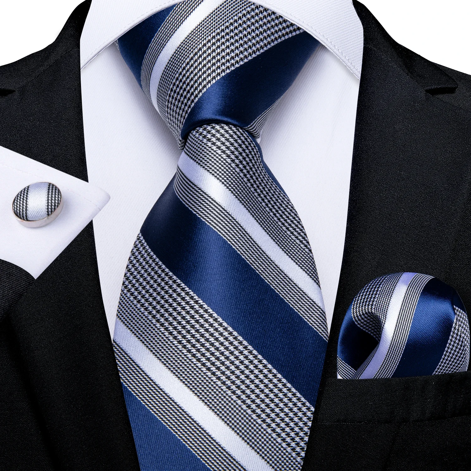 

Luxury Blue Striped Polyester Ties for Men 8cm Width Wedding Business Prom Necktie Pocket Square Cufflinks Gift Men Accessories
