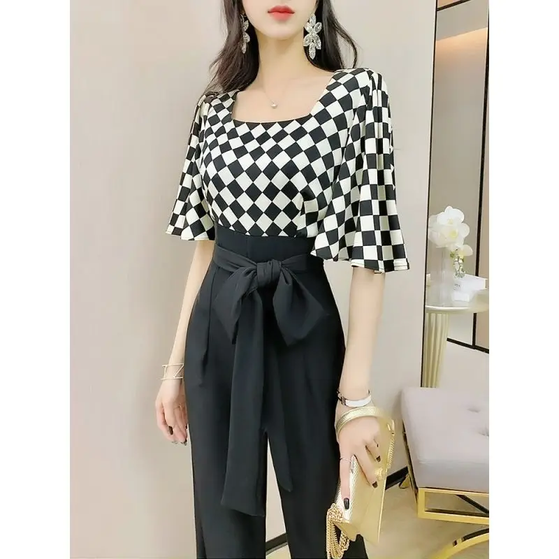 Checkered Patchwork Square Neck Shirt Bow Wide Leg Pants Jumpsuit Elegant Women\'s Pants Set Summer Jumpsuit