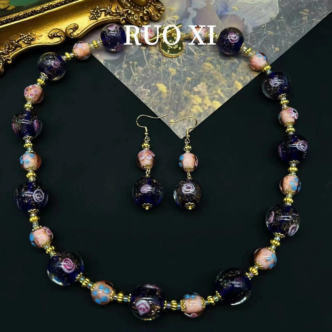 Vintage Jewelry Set for Girls Maillard Mixed Color Printed Opal Necklace Earrings Wedding Evening Dress Accessories Gift Luxury