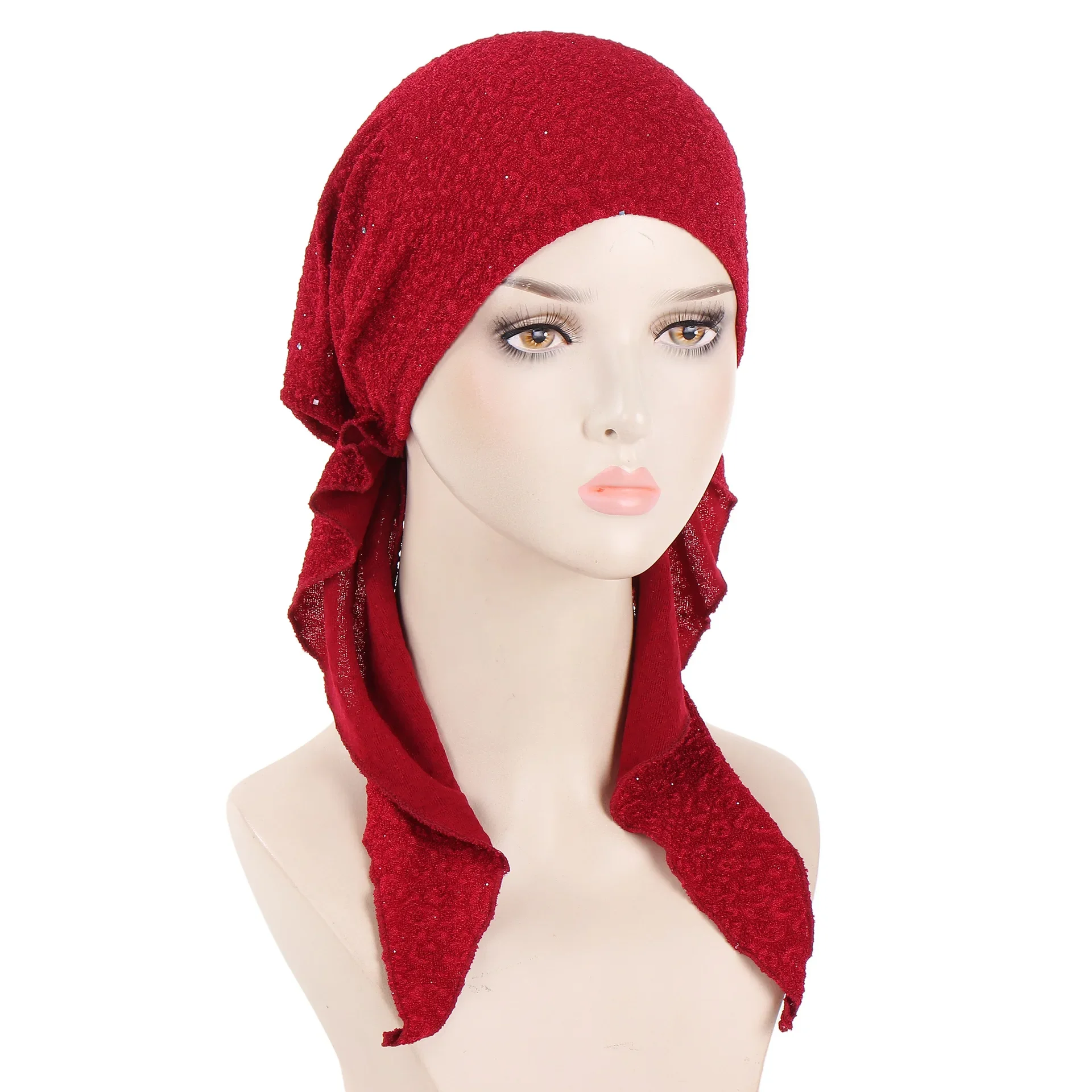 Nieuwe Shimmer Pre-Gebonden Hoed Vrouwen Moslim Hijab Tulband Lange Staart Hoofddoek Mutsen Motorkap Haaruitval Chemo Cap Hoofd wrap Bandana