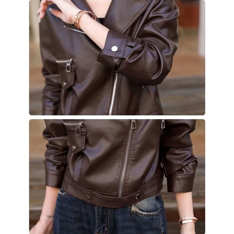 2025 Spring Autumn New Leather Jackets Women's Short Outwear Elegant Loose Motorcycle Suit Casual pu Leather Suit Collar Jacket
