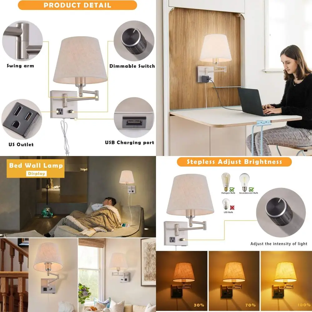 

Настенное бра с поворотным рычагом и регулируемой яркостью, тканевым абажуром, USB и розеткой, лампа из атласного никеля для спален и гостиных